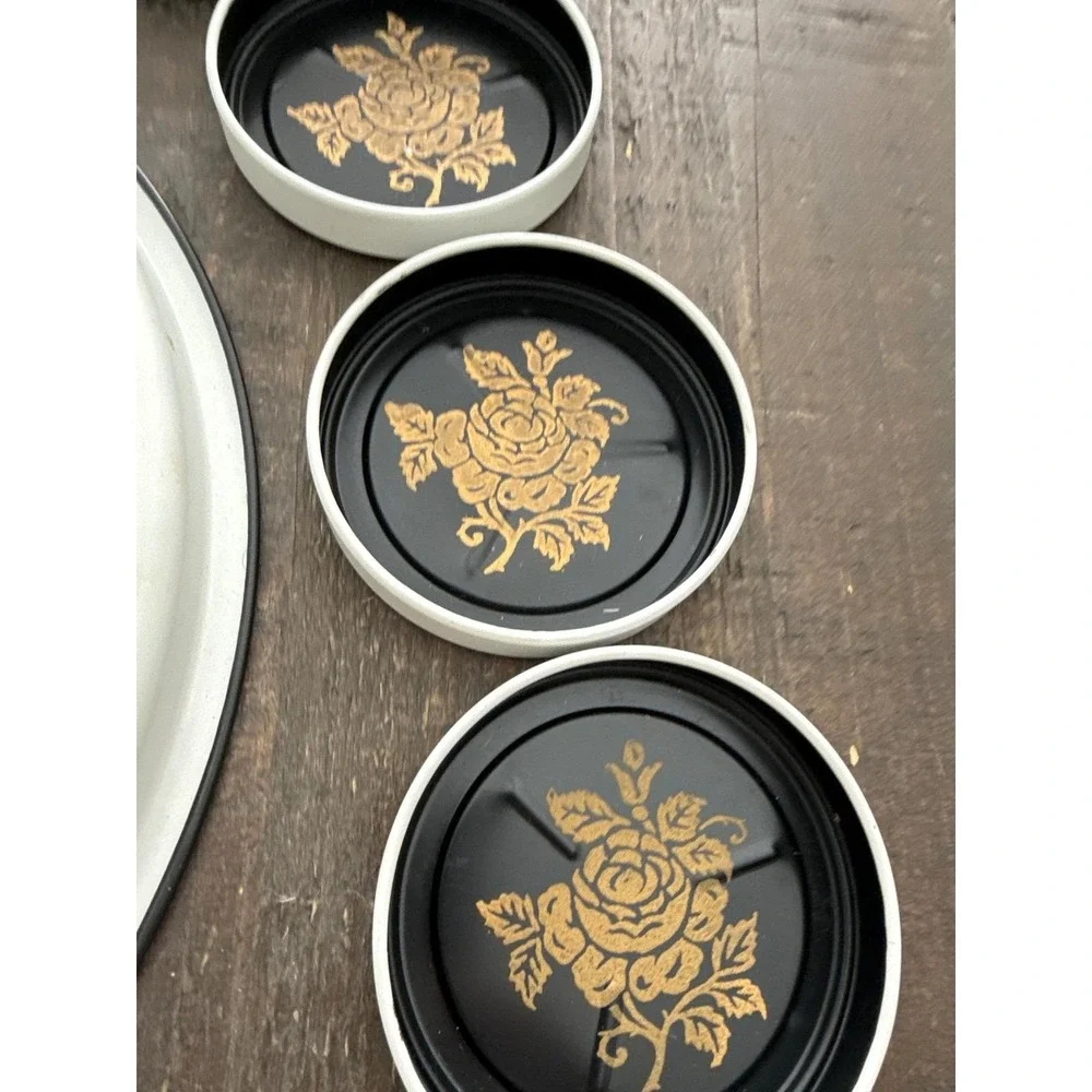 Vintage Toleware 9 Piece MCM Beverage Set Tray & Coasters Black and Gold Rose US